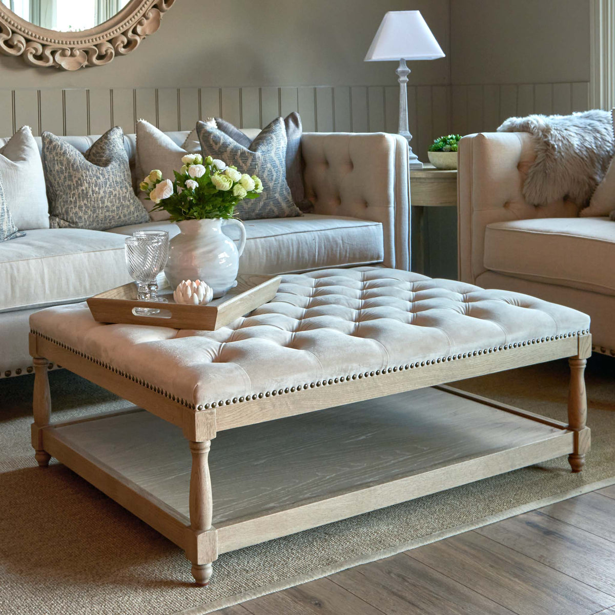 Upholstered Petit Royale Ottoman Coffee Table Champagne Velvet La Residence Interiors