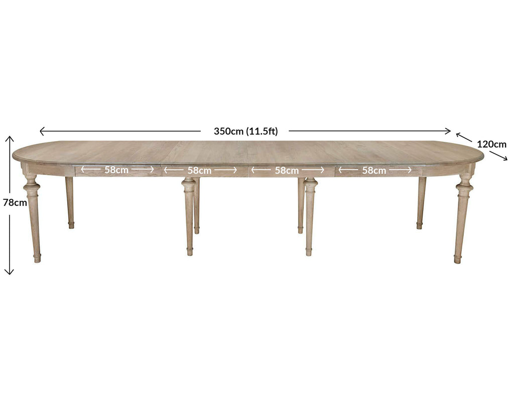 Brunswick extending dining table measurements: W350cm x D120cm x H78cm