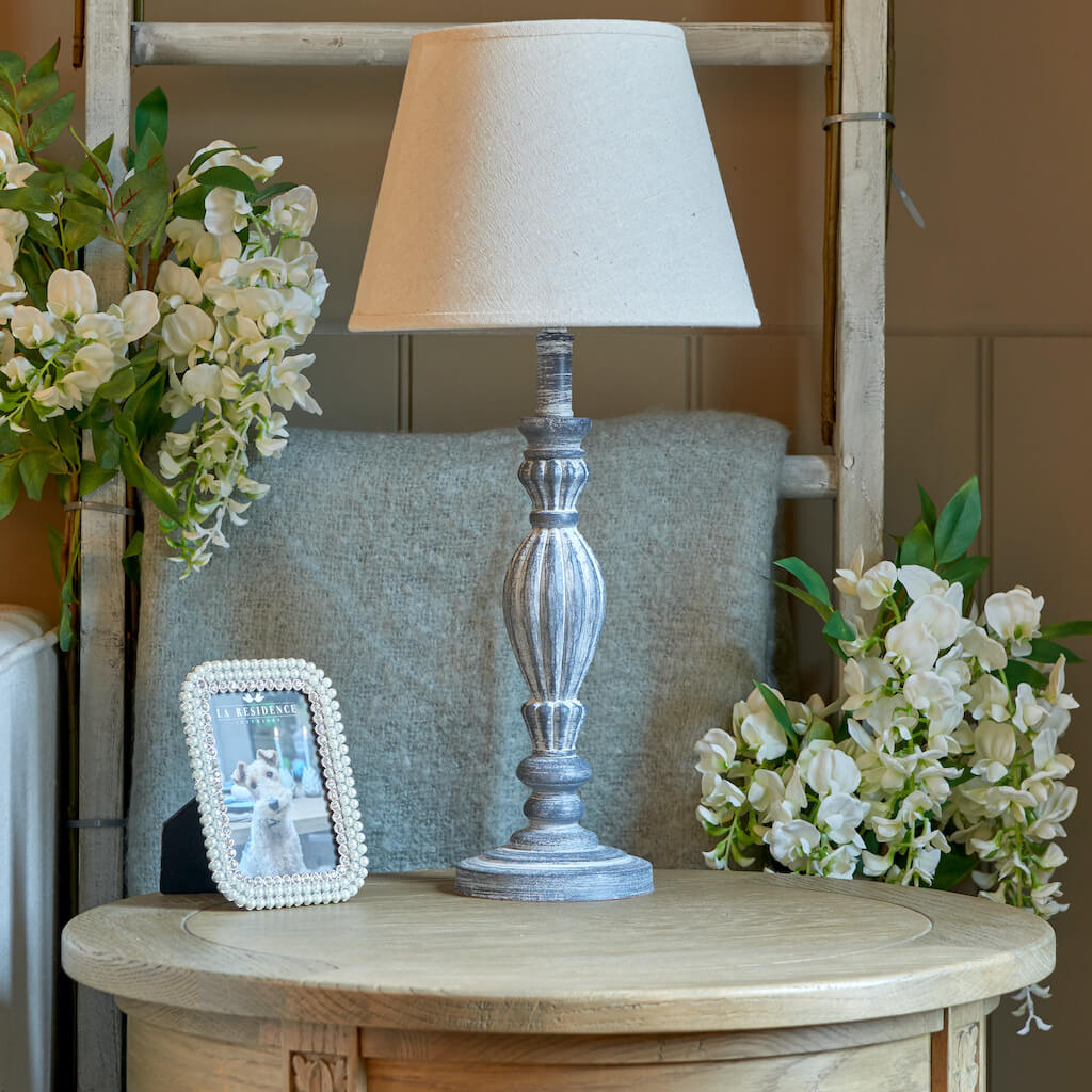 Florence table lamp with grey rustic base and neutral shade