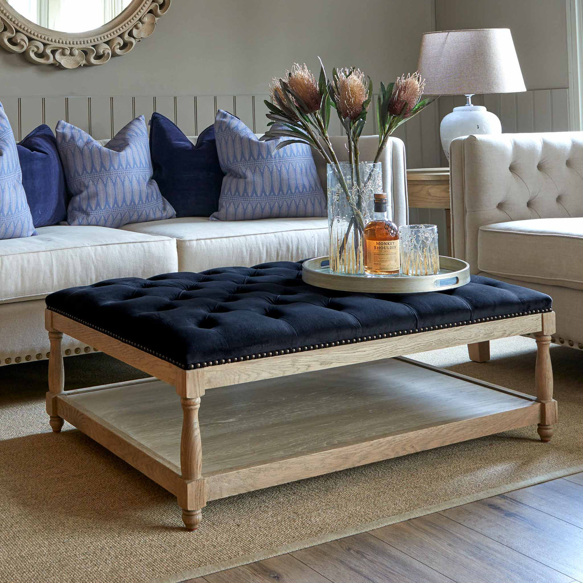 Upholstered Petit Royale Ottoman Midnight Blue Velvet La Residence