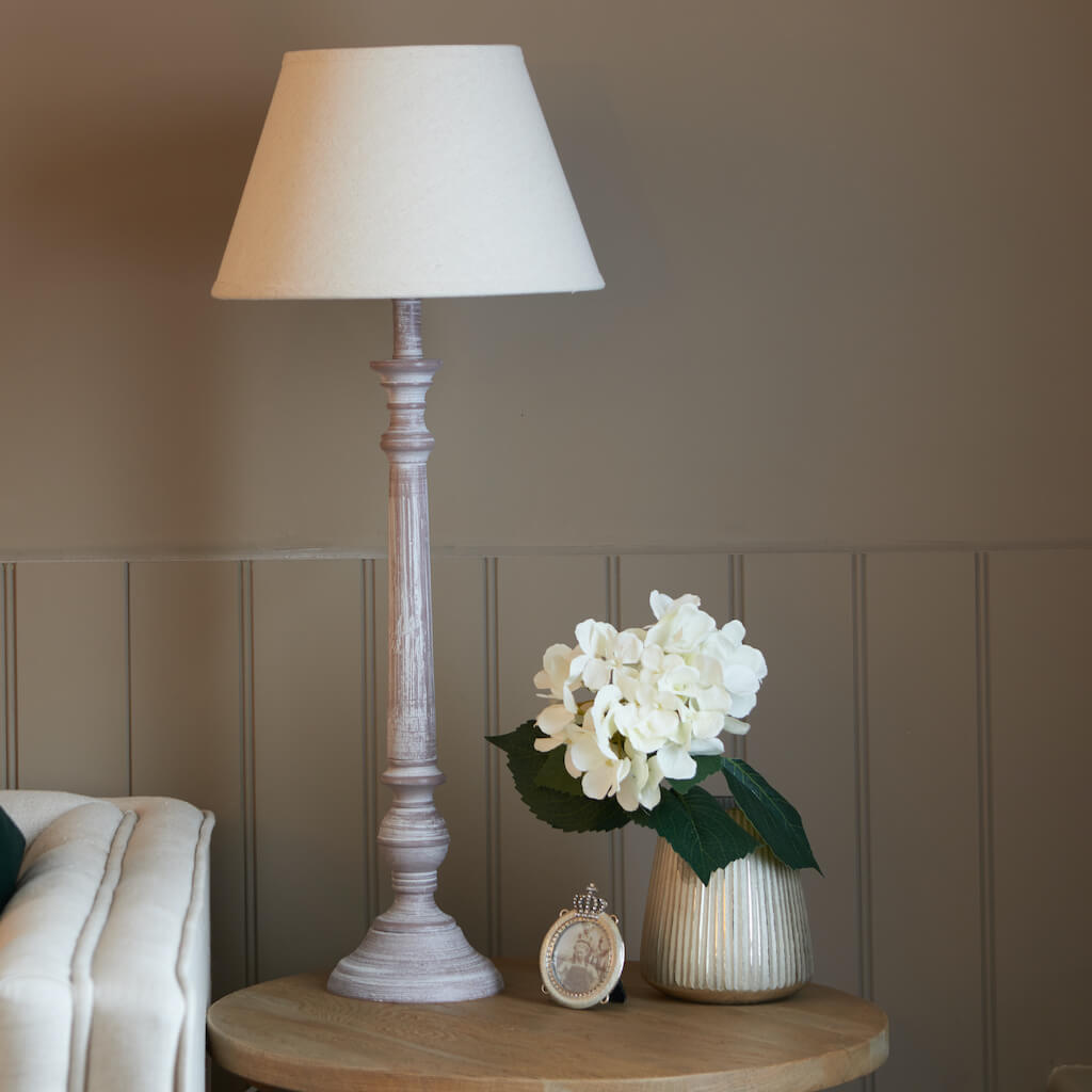 Sara Table Lamp with white distressed wooden base and small cream shade