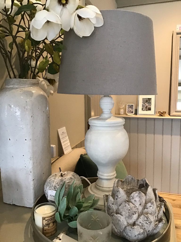 Mandy Table Lamp white stone-effect base with grey shade