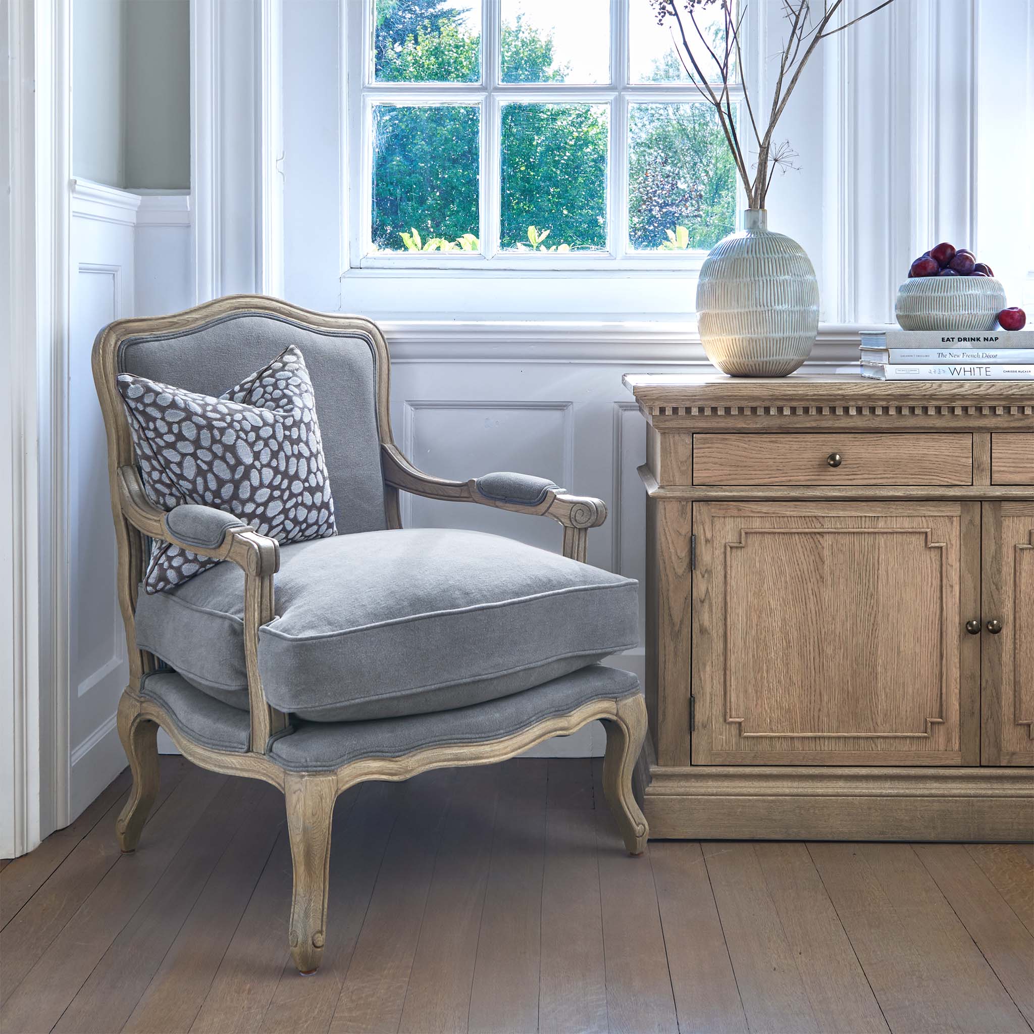 Solid Oak Louis Chair in Dove Grey Linen French Style Armchair