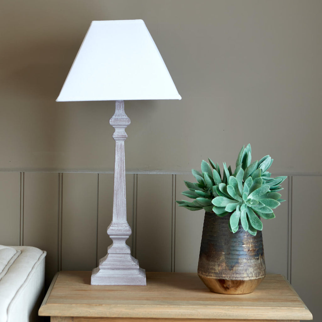 Daisy table lamp with grey wood base and cream shade