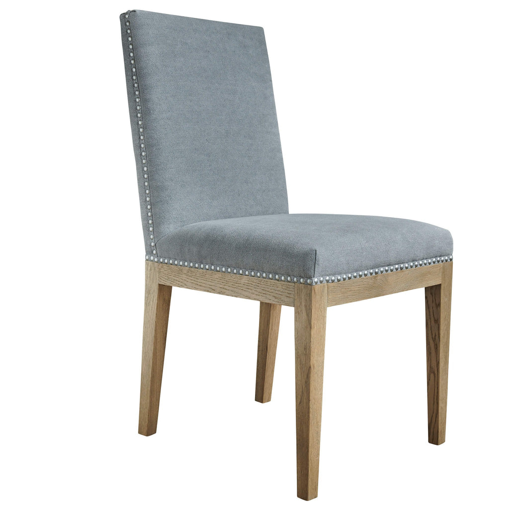 Devonshire dining chair in dove grey with steel studded detail and weathered oak frame