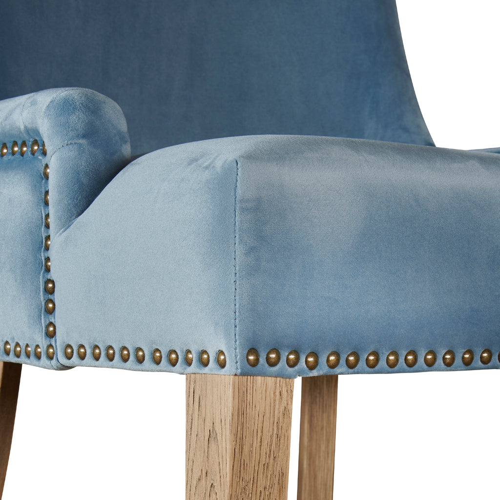 Hamilton dining chair in pale blue velvet brass stud trim detail
