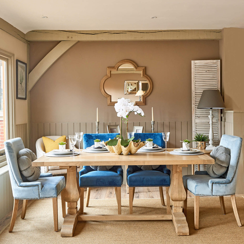Hamilton dining chairs in royal blue and pale blue around Belvedere weathered oak dining table