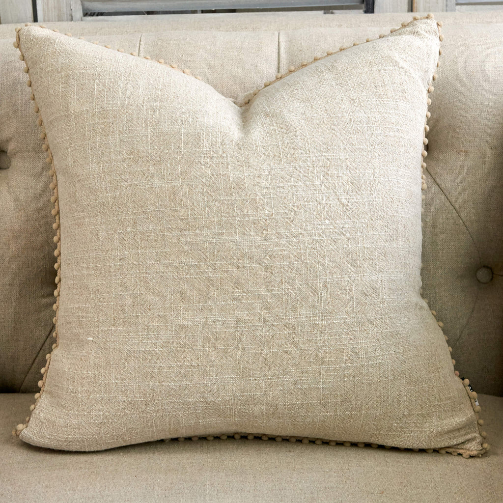 Natural Linen Cushion With Pom Poms