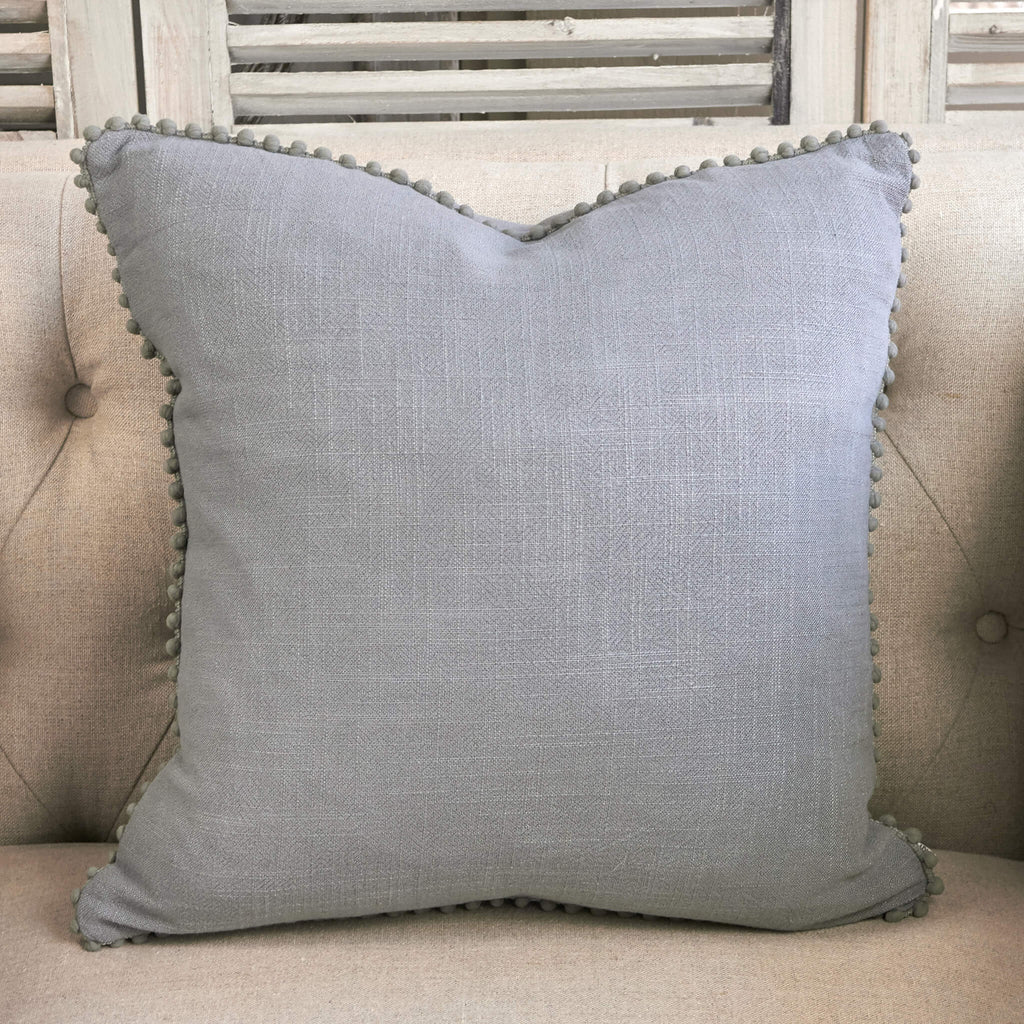 Grey Linen Cushion With Pom Poms