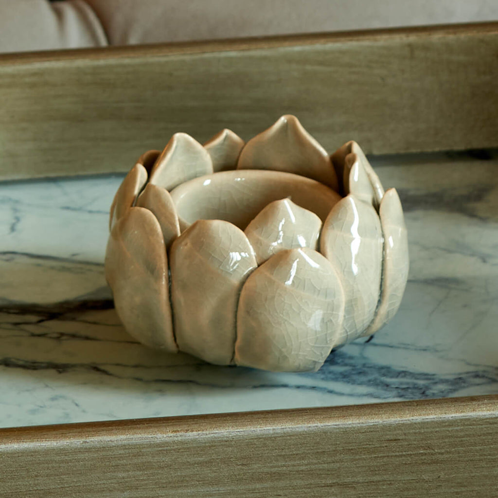 Grey glazed ceramic lotus flower shaped candle holder