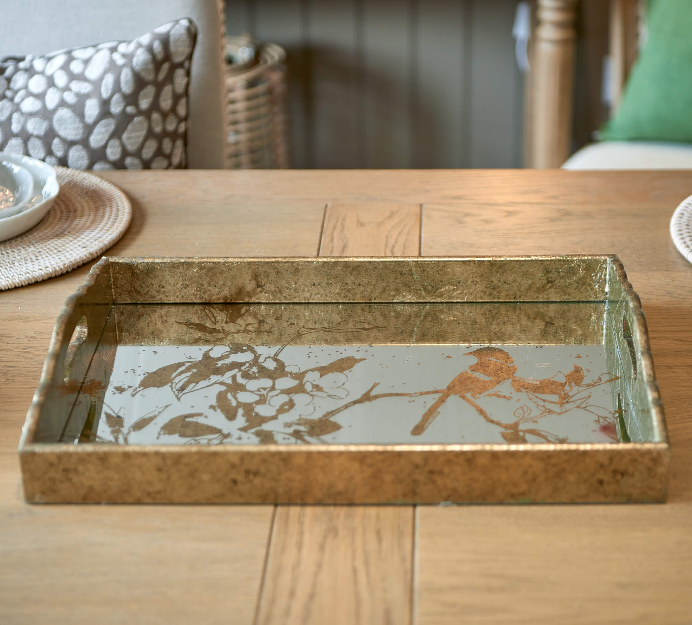 Rustic Gold Rectangular Mirrored Tray with Bird Pattern