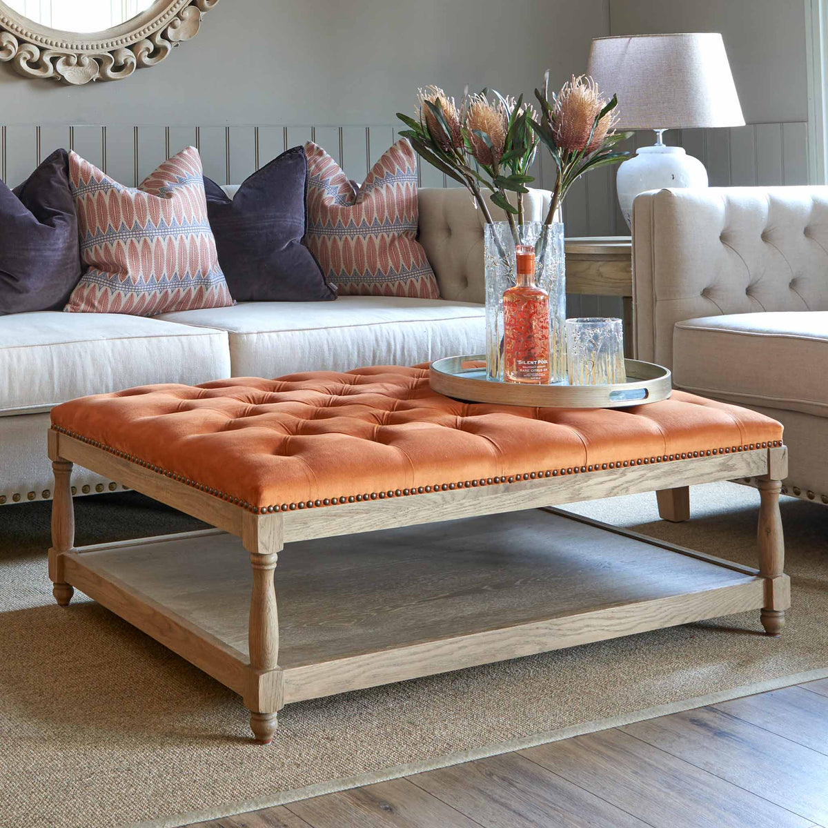 Upholstered Petit Royale Ottoman Rust Velvet La Residence Interiors